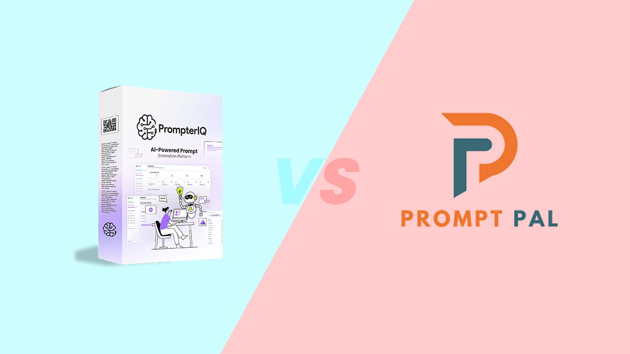 Side-by-side comparison of PrompterIQ and PromptPal Pro with check marks and icons showing features, pricing, and benefits