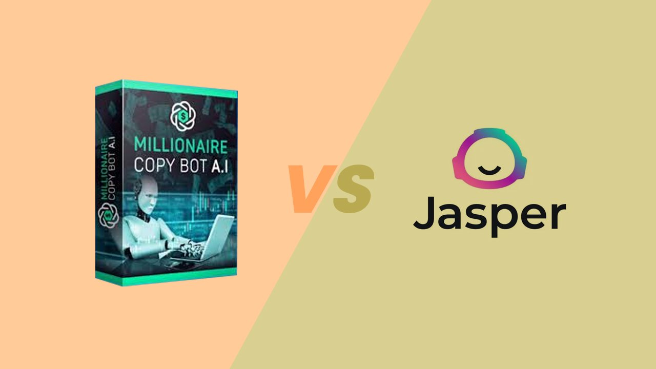 Copybot AI and Jasper AI writing tools side-by-side with icons showcasing features, pricing, and benefits