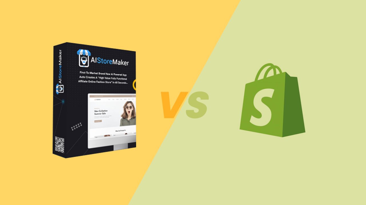 AI Store Maker and Shopify AI Store Builder side by side with comparison icons for features, pricing, speed, and ease.