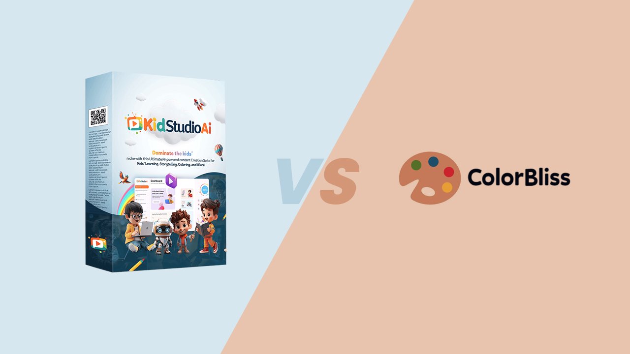 KidStudioAi and ColorBliss side-by-side showing their strengths in animated videos, coloring books vs simple coloring page generation.
