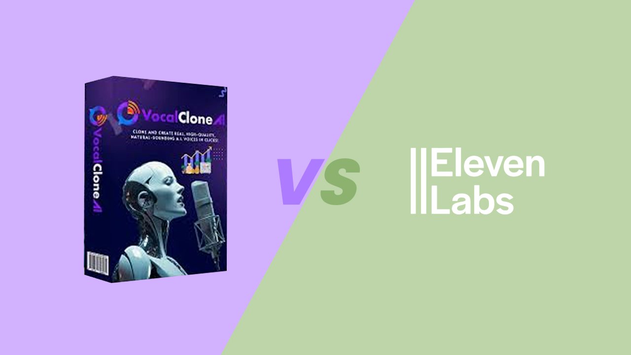 Vocal Clone AI and ElevenLabs compared side by side with icons showing voice realism, ease of use, pricing, and customization.