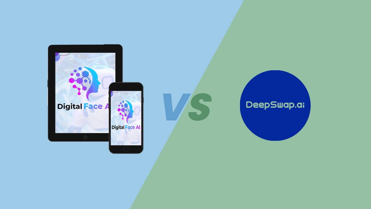 Comparison of Digital Face AI and DeepSwap interfaces showcasing voice cloning, avatar creation, and face swapping features.