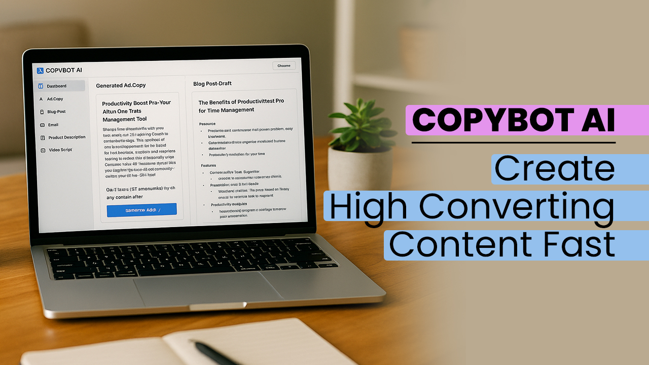 Laptop showing COPYBOT AI dashboard with generated ad copy and blog post draft in a modern workspace setting.
