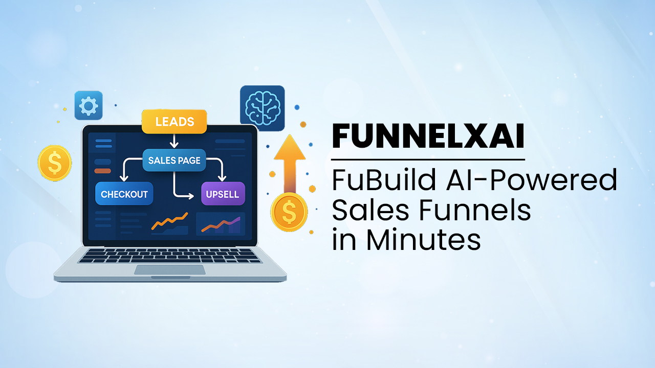 Laptop showing FunnelXAi-powered sales funnel builder interface.