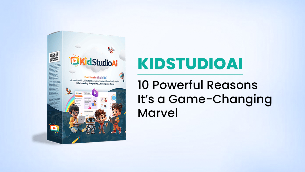 Child using KidstudioAi with animated learning characters around them.