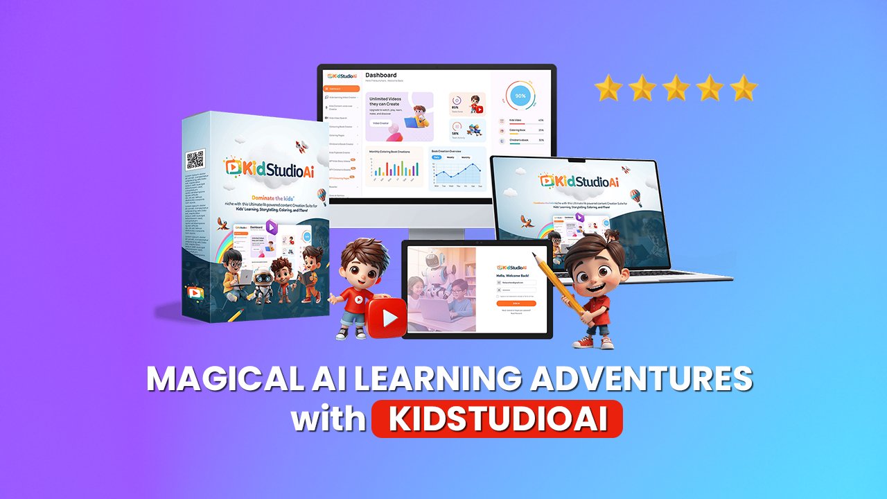 Child learning with friendly AI robots in a magical world with KidstudioAi