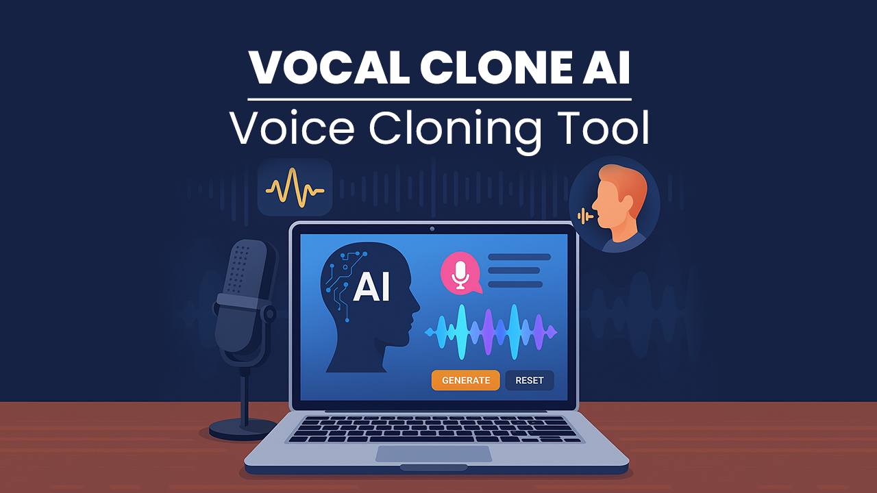 Vocal Clone AI-generated voice cloning interface on a laptop screen.
