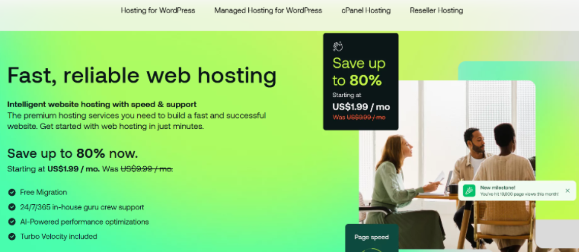 Hosting.com homepage showcasing fast web hosting services