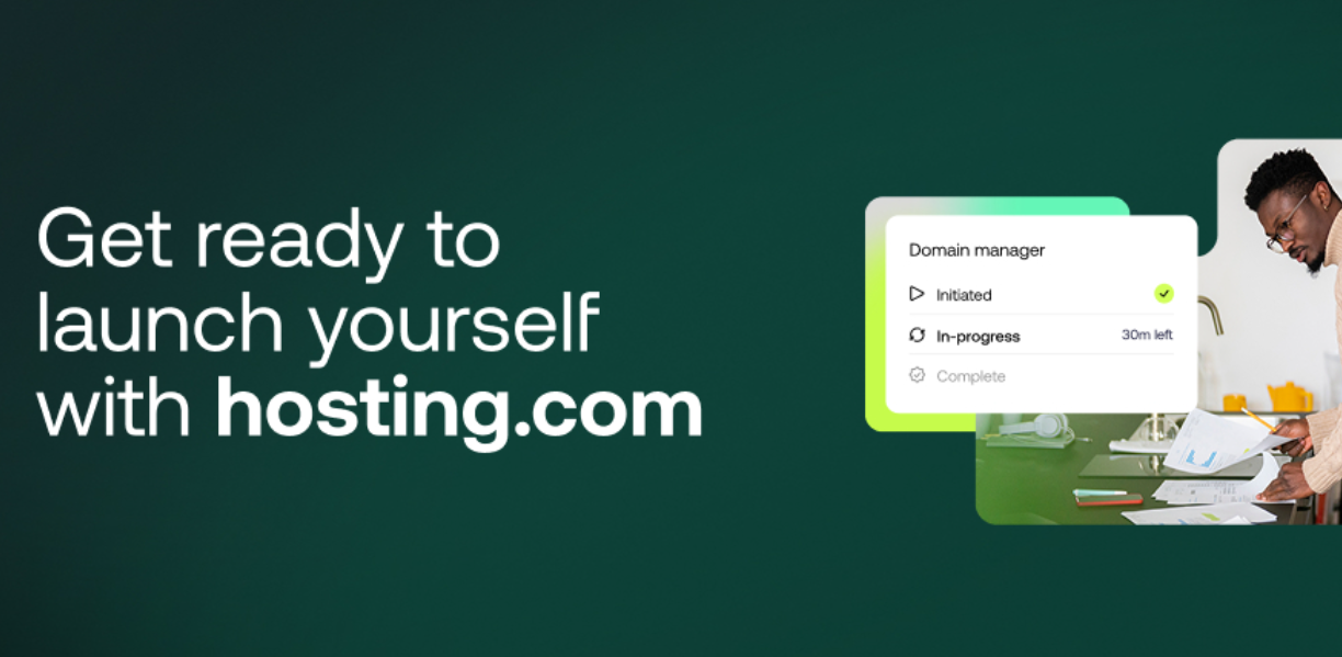 Hosting.com dashboard with performance graph and SSL lock icon
