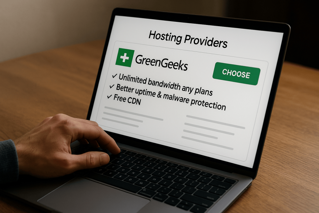 GreenGeeks 2025 web hosting dashboard with eco-friendly design and speed icons