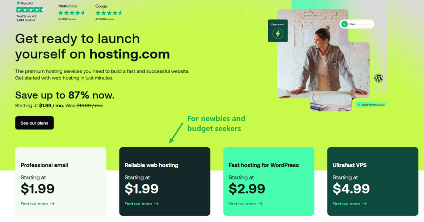 Modern web designer using Hosting.com dashboard with website speed graphs on screen