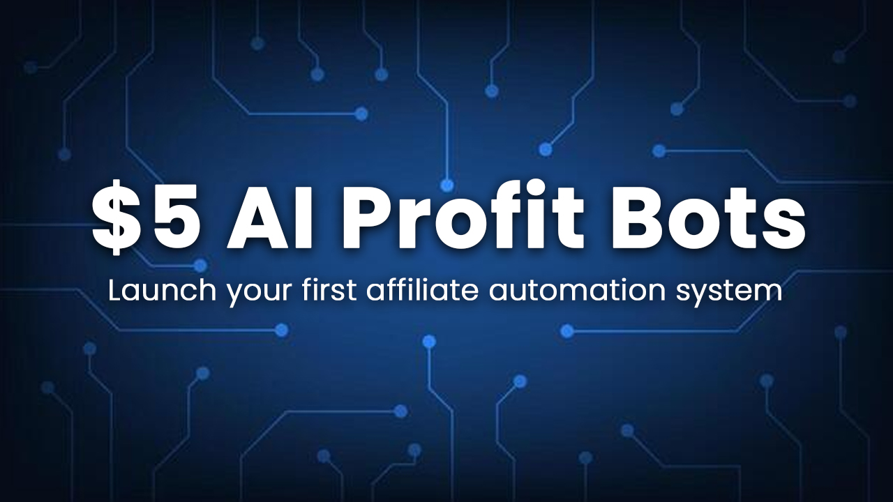 Laptop with $5 AI Profit Bots dashboard showing automation and affiliate growth