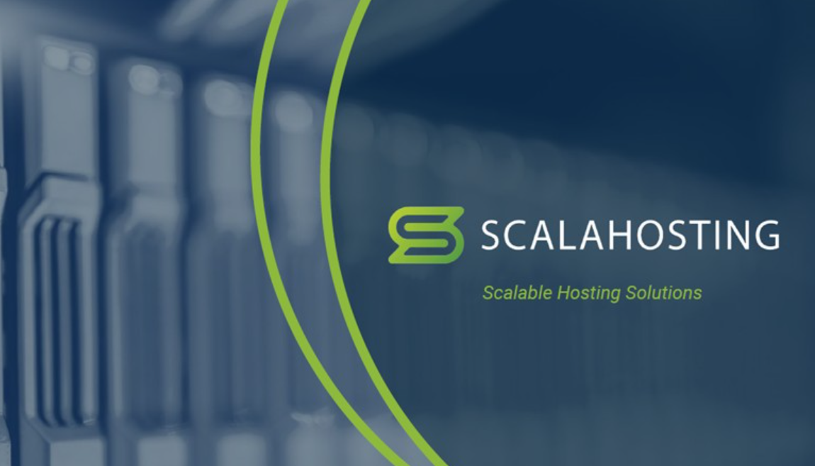 Scala Hosting dashboard on laptop with uptime and speed metrics