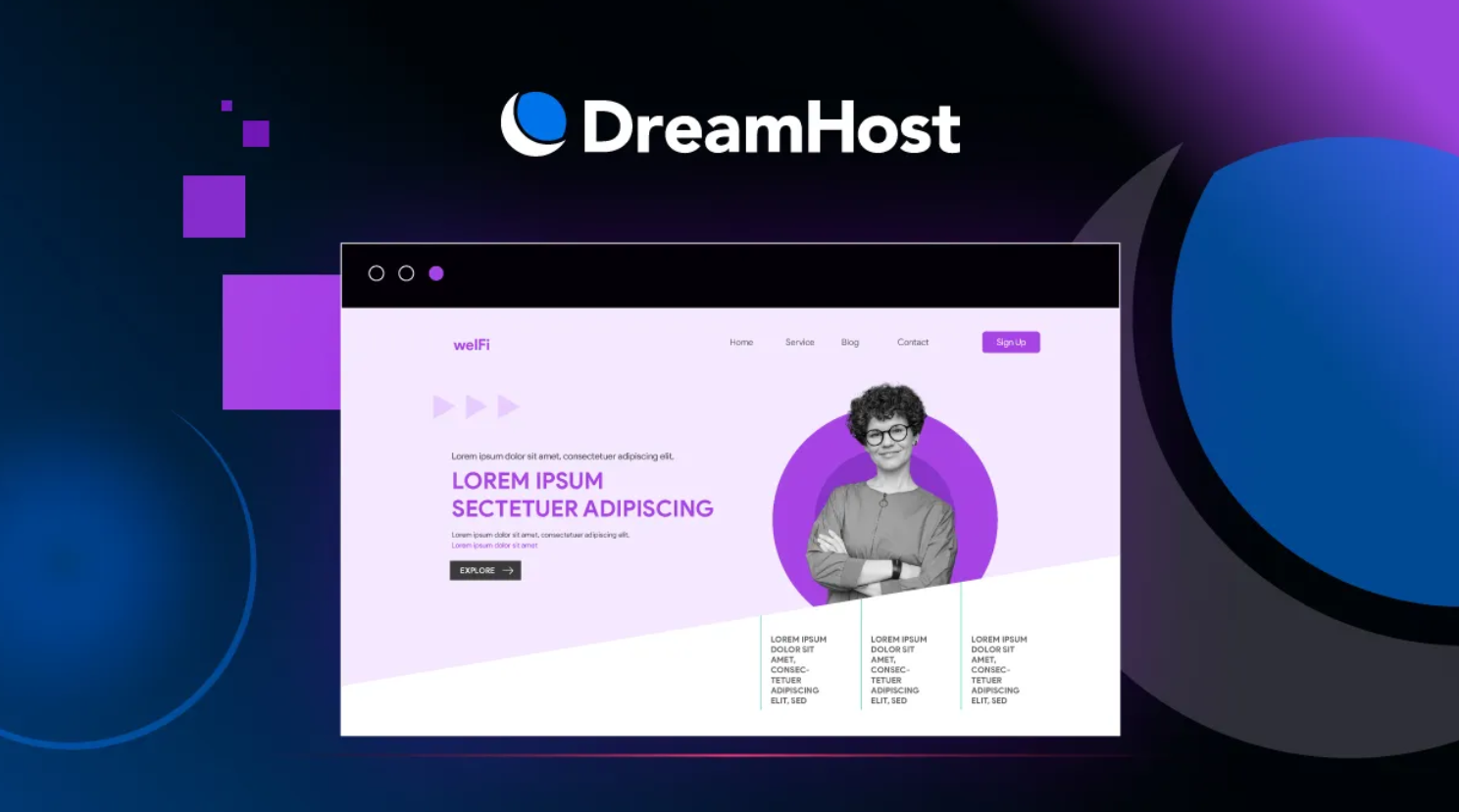 DreamHost dashboard on laptop with cloud and eco-friendly icons