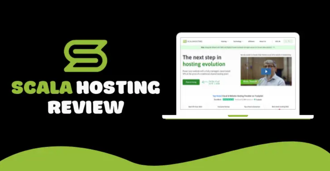 Scala Hosting dashboard illustration with speed and security icons